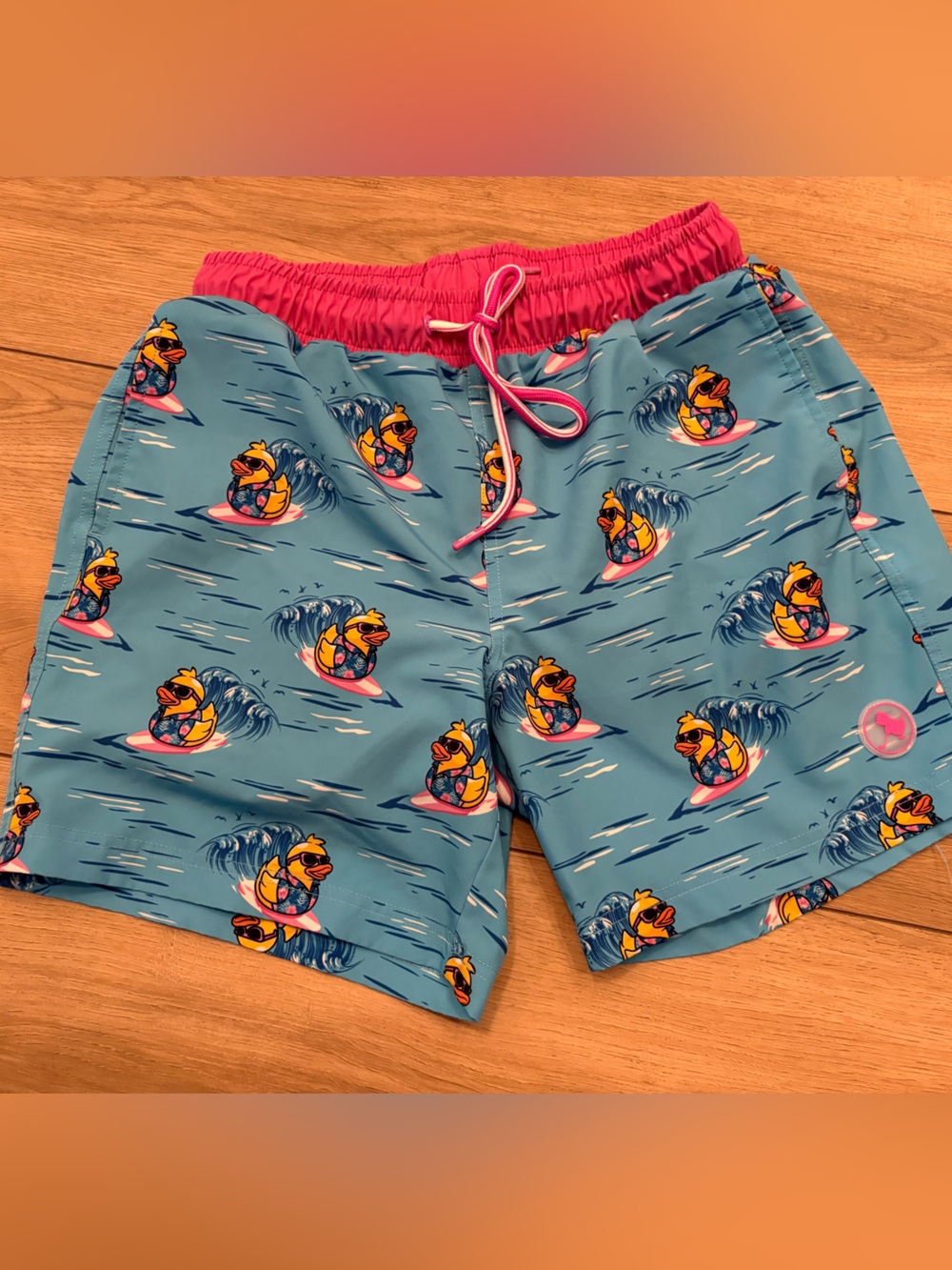 Men's Light Blue Surf Duck Swim Trunks with Pink Waistband